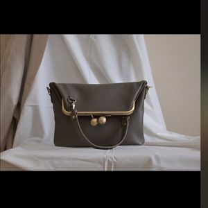 Taupe leather bag w kiss clasp transformer handbag